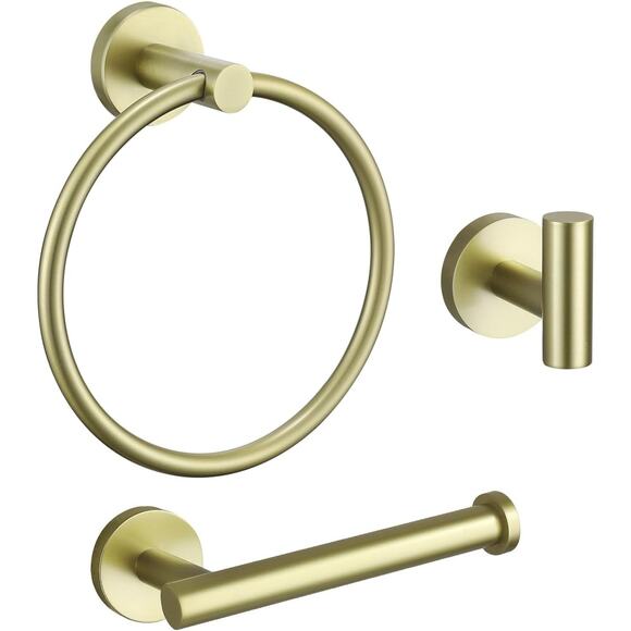 3-Pieces Bathroom Brushed Gold Towel Ring, Toilet Paper Holder, Towel Hook, - Picture 1 of 7